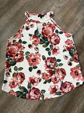 Moa Moa White Floral Halter Camisole with Pink Roses